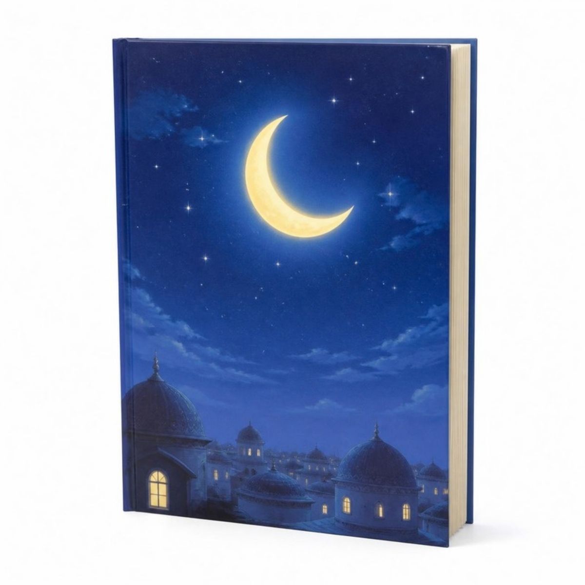 Blue children's book with a crescent moon and stars on the cover