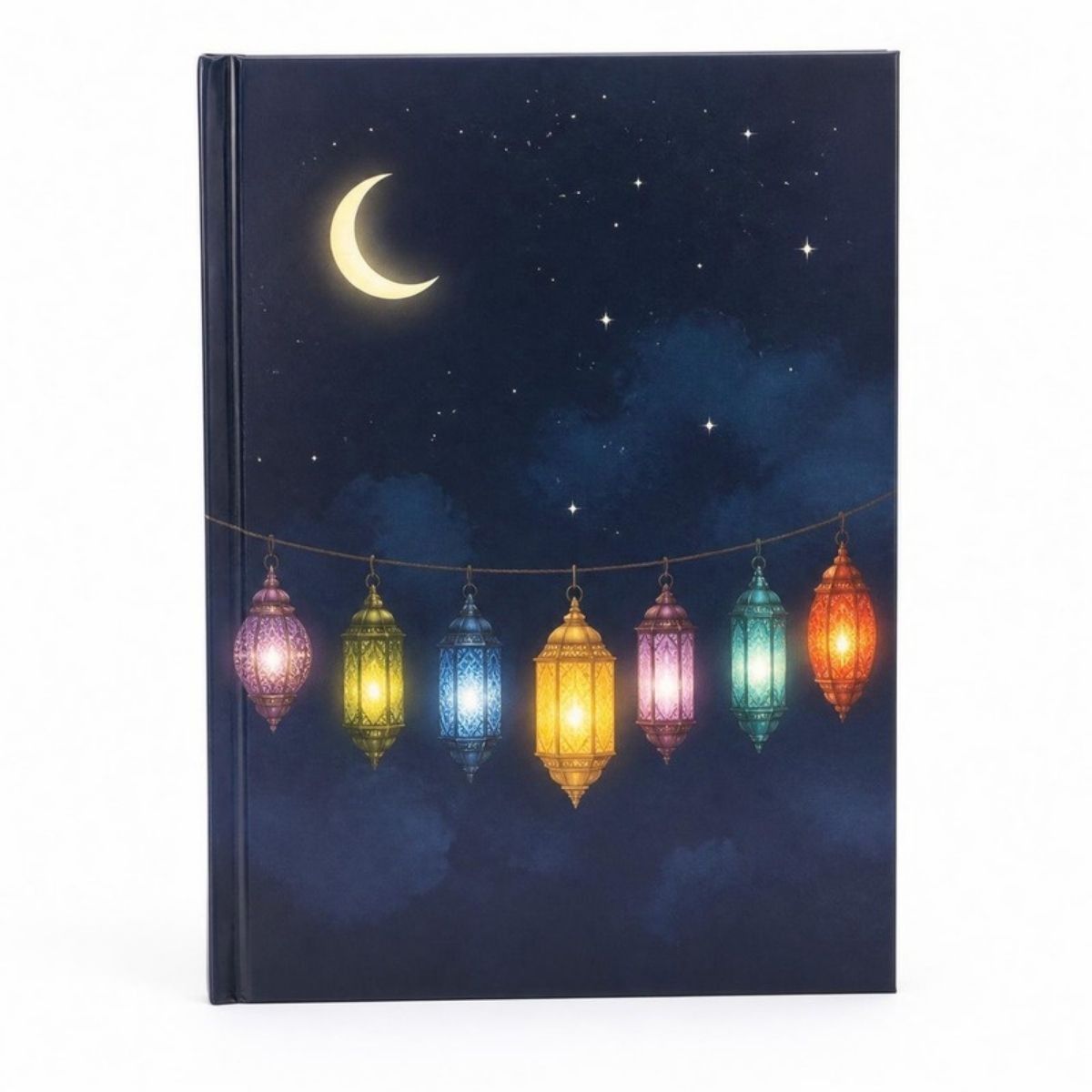 Dark blue children's book with a moon and lanterns on the cover