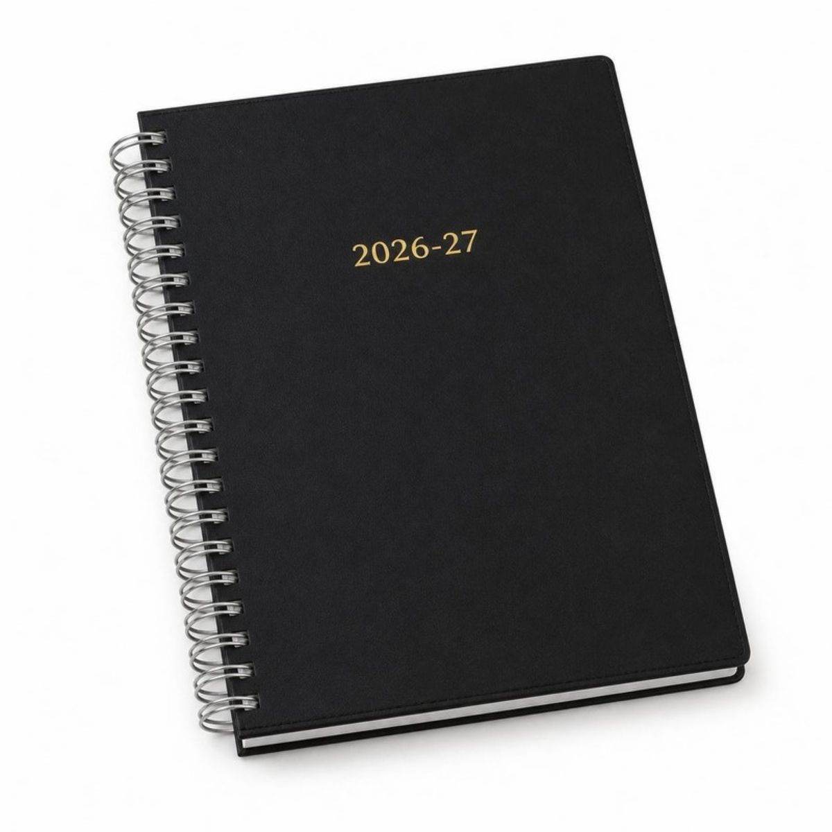 Black spiral bound planner with "2026-27" in gold on the cover