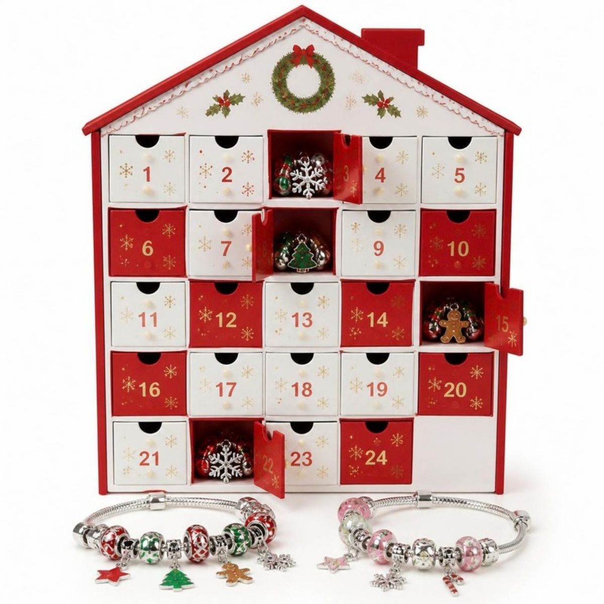 House shaped advent calendar box with Christmas charm beads and bracelets
