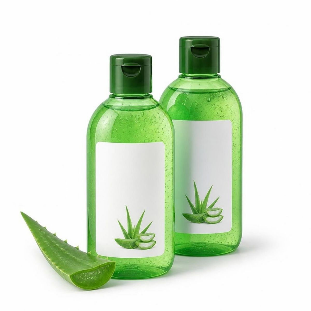 Two green bottles of aloe vera gel next to an aloe leaf