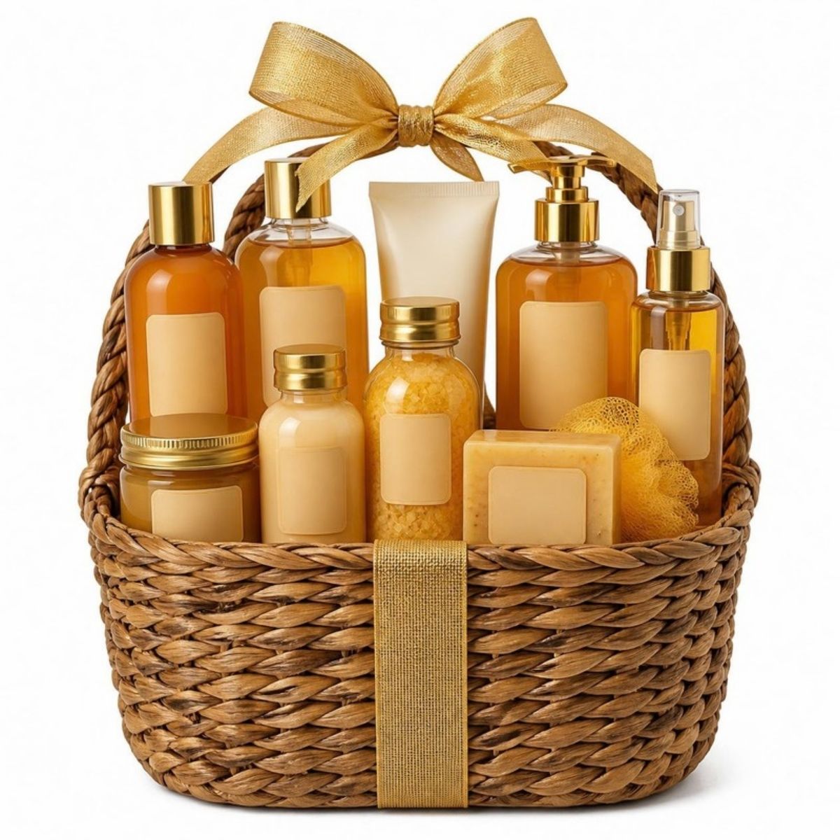 Woven basket of honey colored bath and body products with a bow