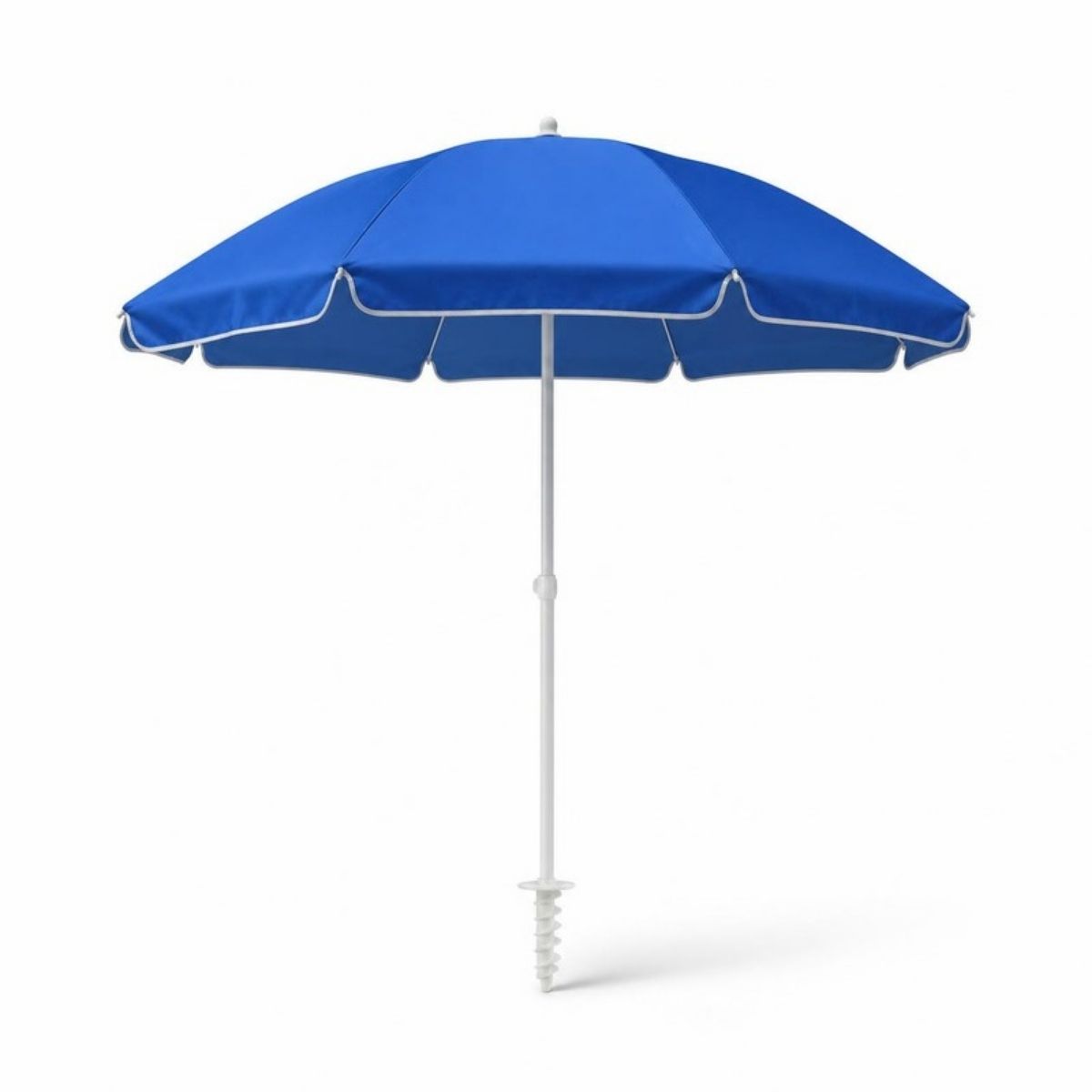 Royal blue beach umbrella with a white pole and sand anchor