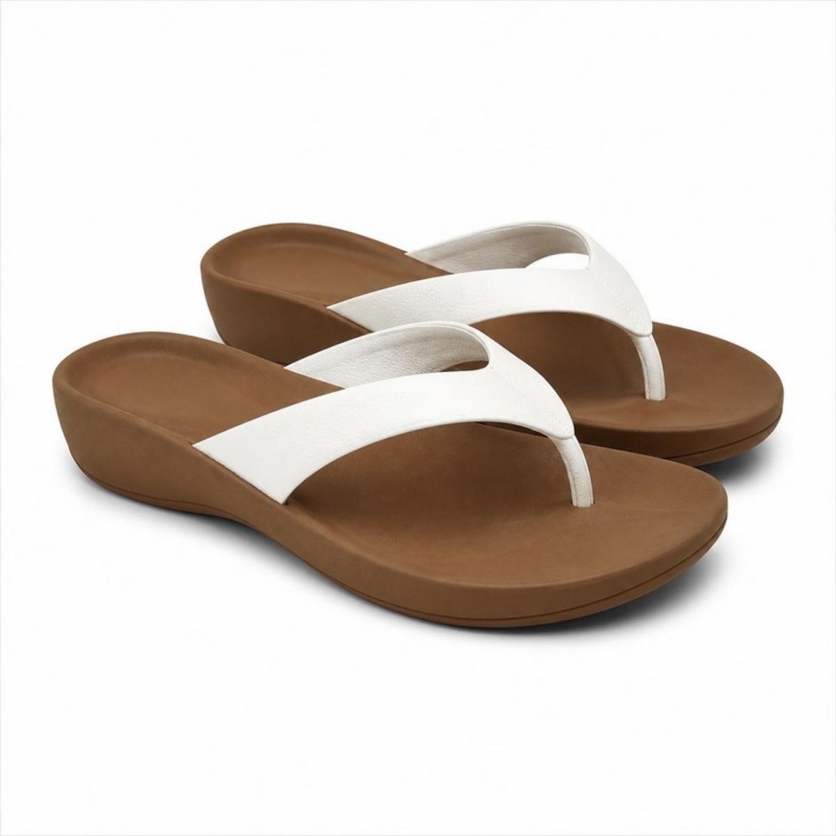 Brown cushioned flip flops with white straps