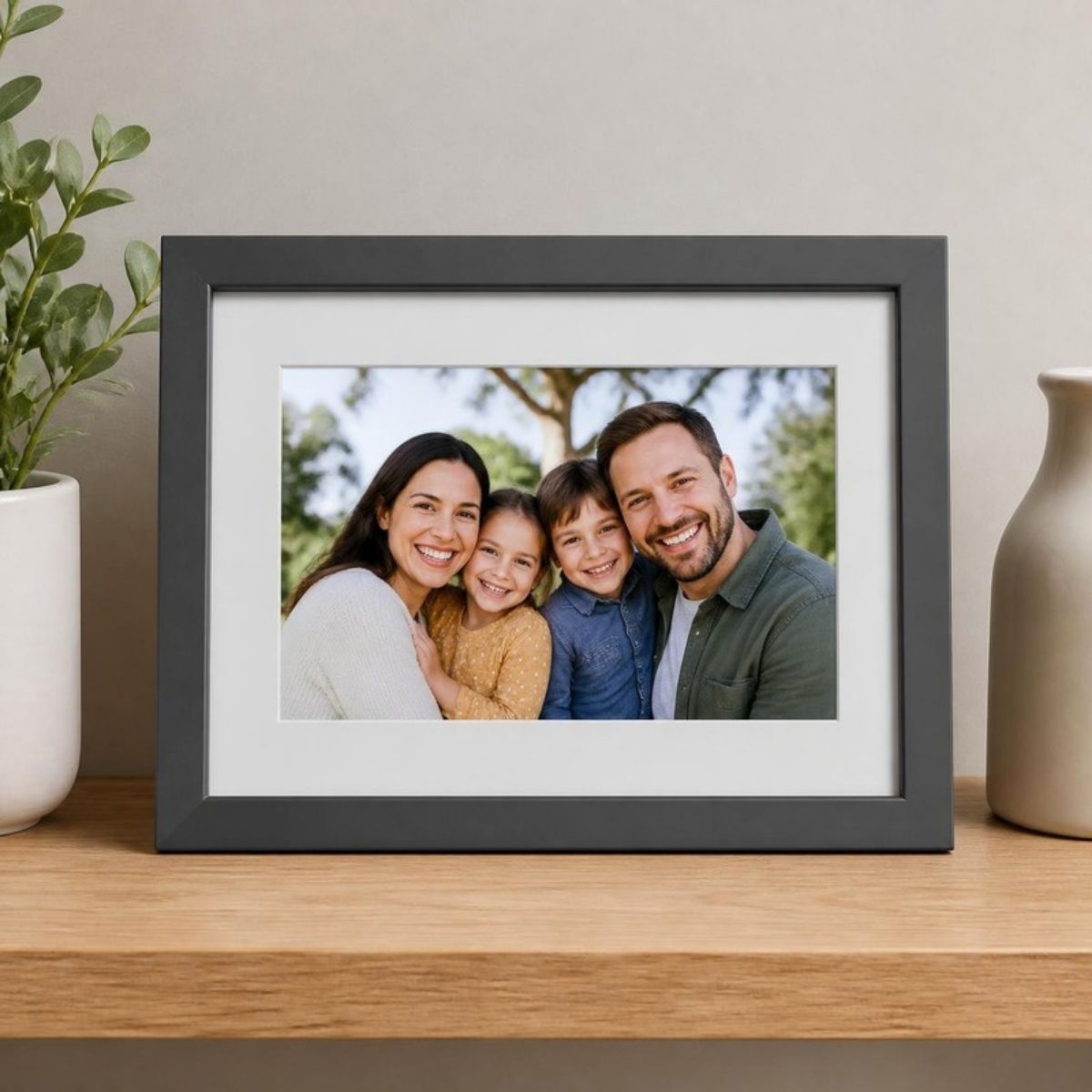 Dark gray digital frame with a white mat showing a family photo