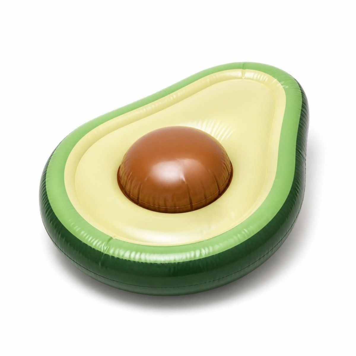 Inflatable avocado half pool float with a brown pit