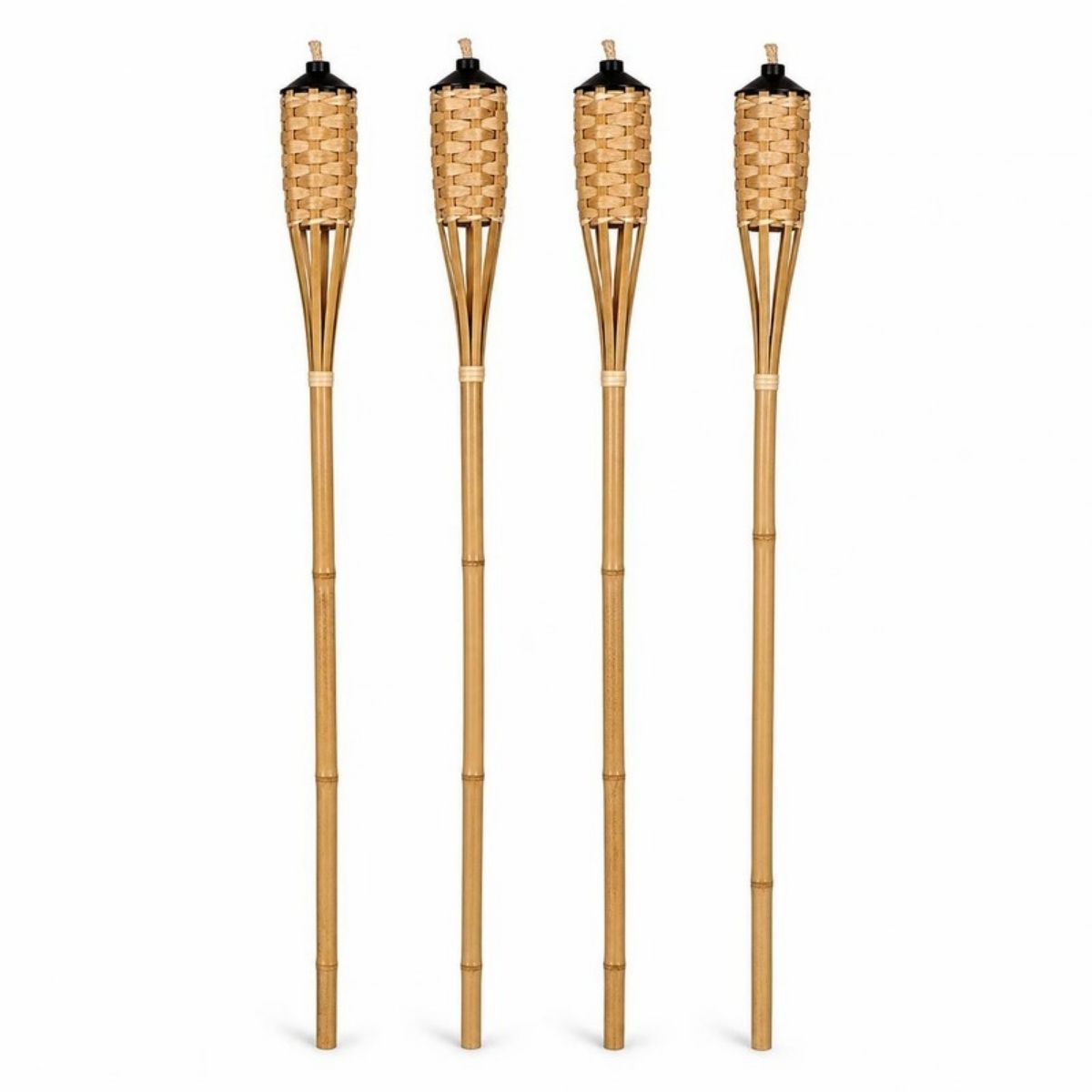 Four bamboo tiki torches with woven tops