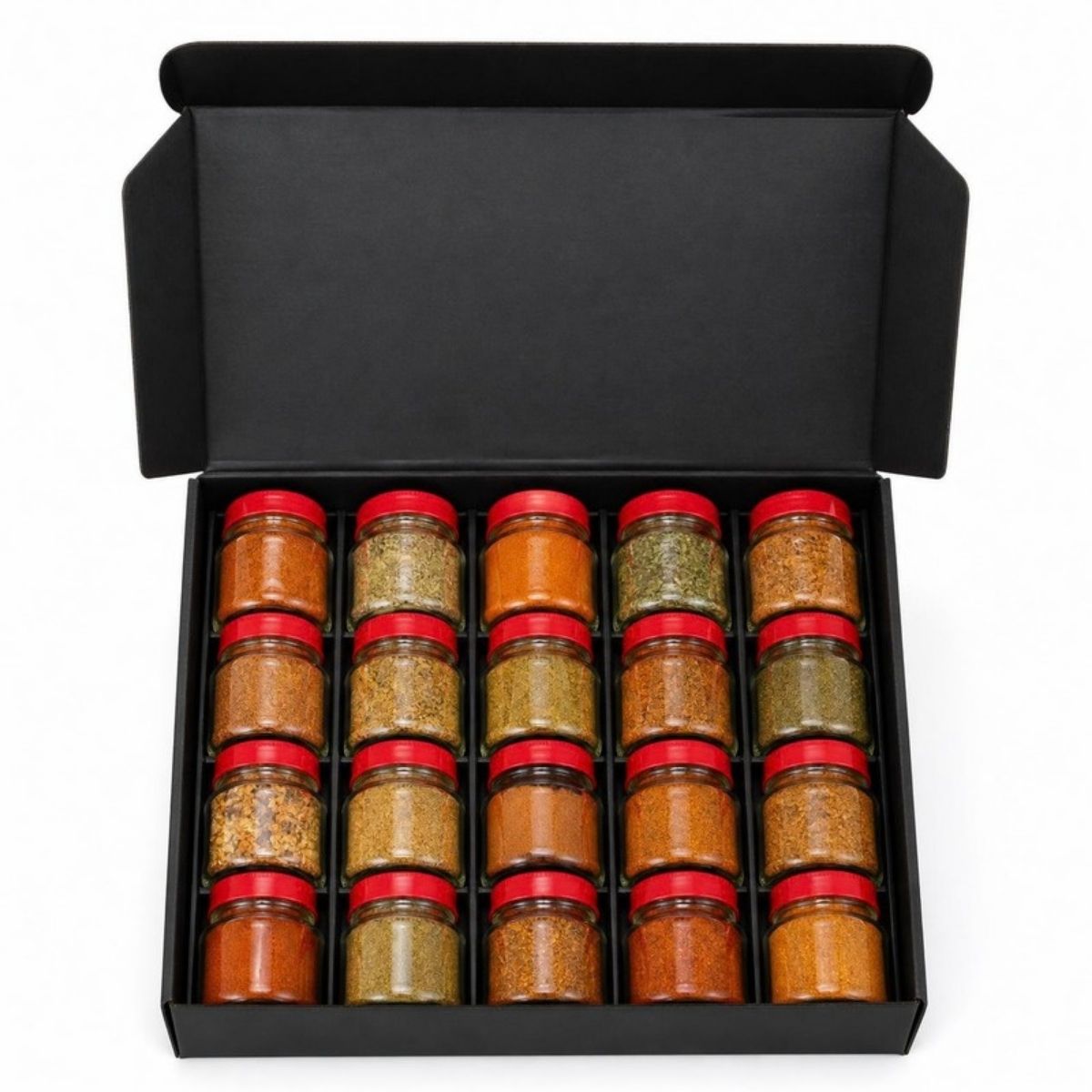Twenty small spice jars with red lids in a black gift box
