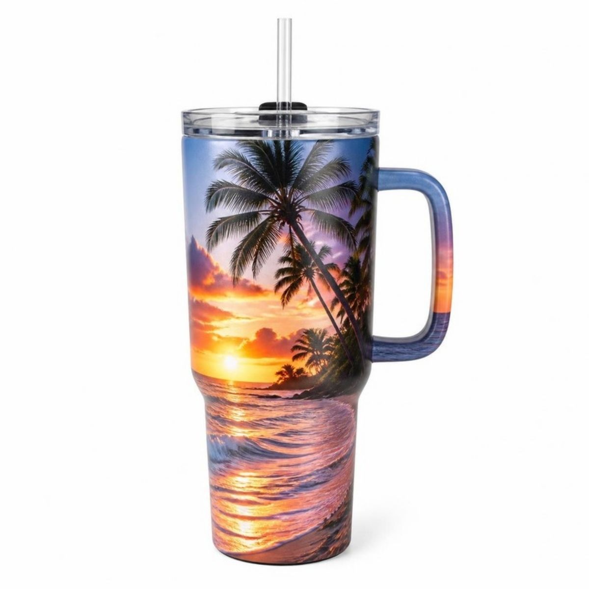 40 oz tumbler with a handle and straw, printed with a beach scene