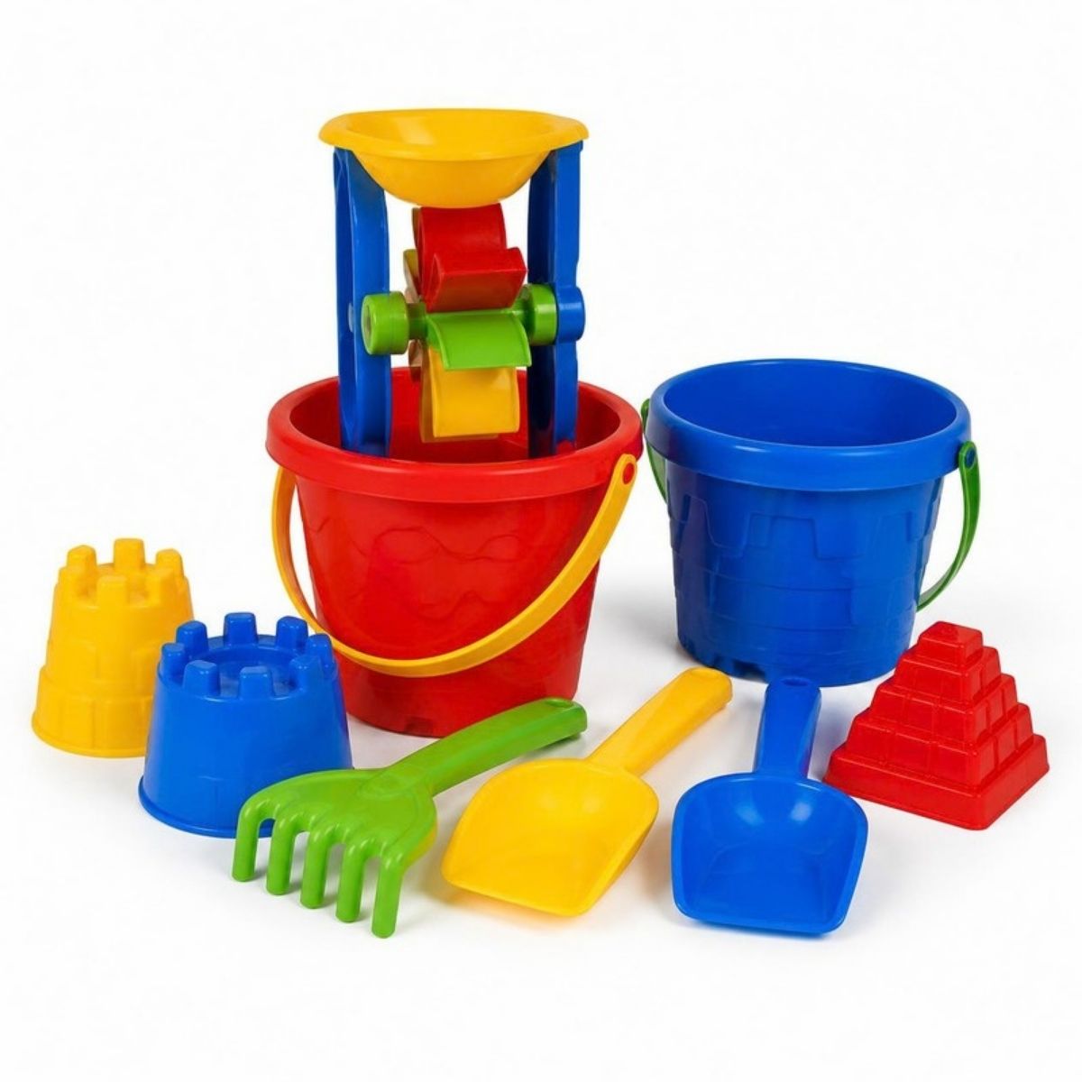 Red and blue buckets, a water wheel, castle molds, shovels and a rake
