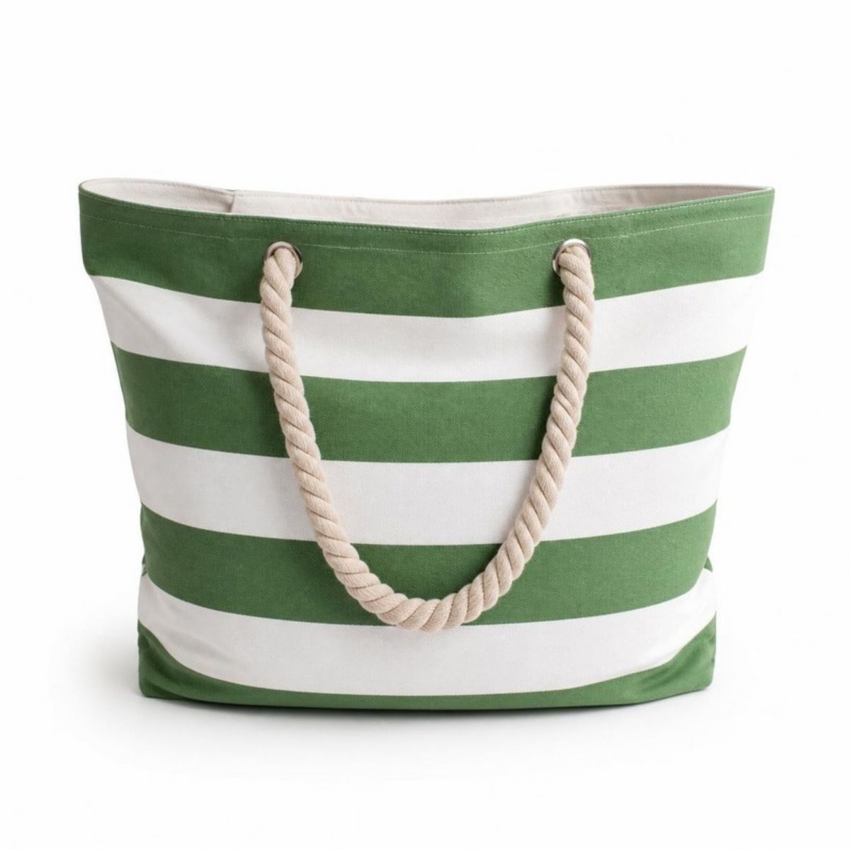 Green and white striped beach tote with rope handles