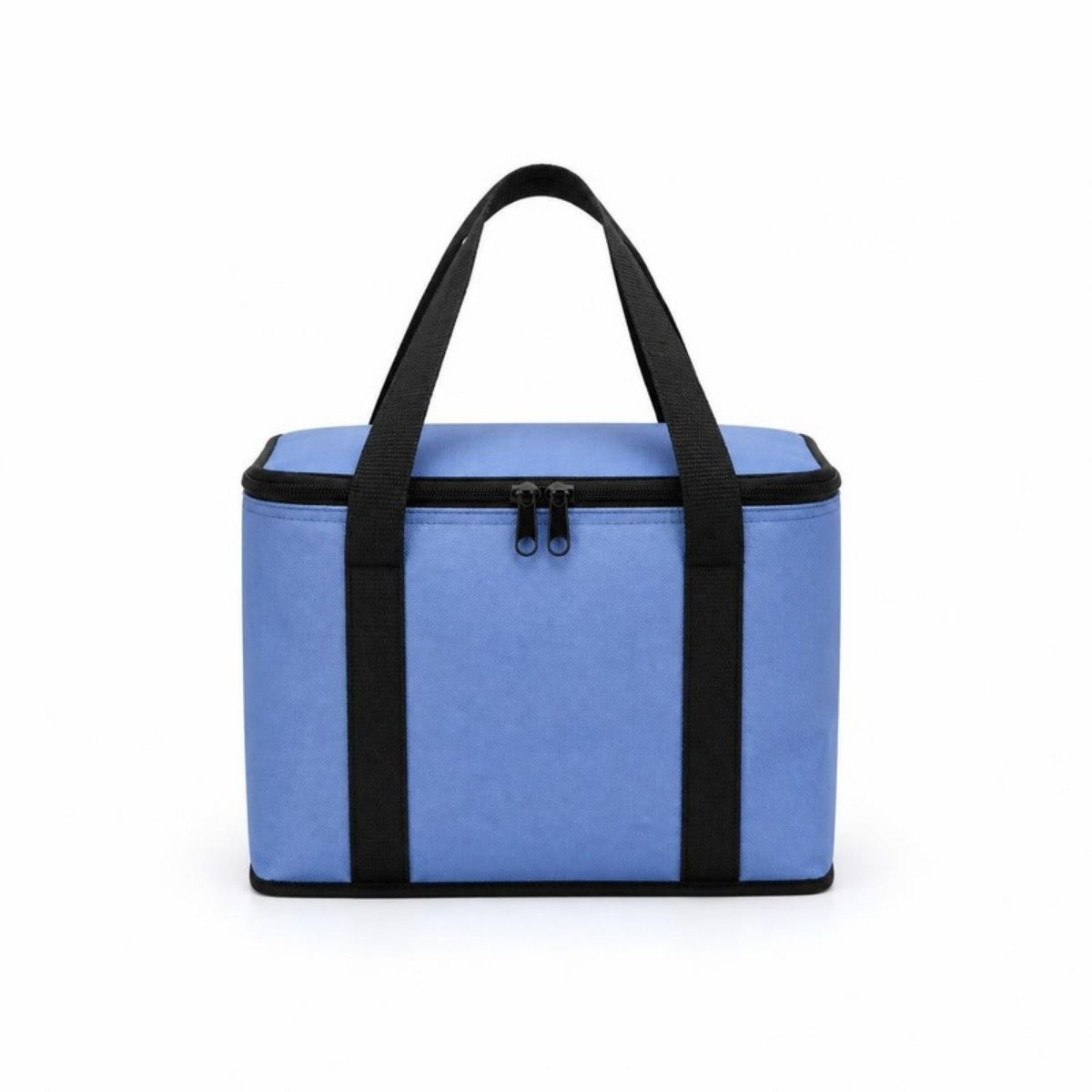 Periwinkle blue insulated cooler tote with black handles and a zipper top