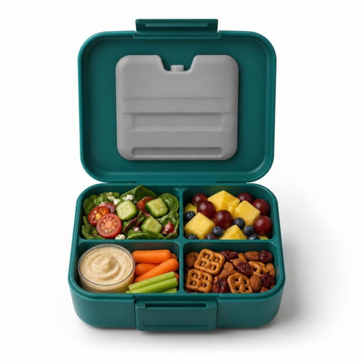 Teal bento lunch box with a gray ice pack in the lid and four food sections