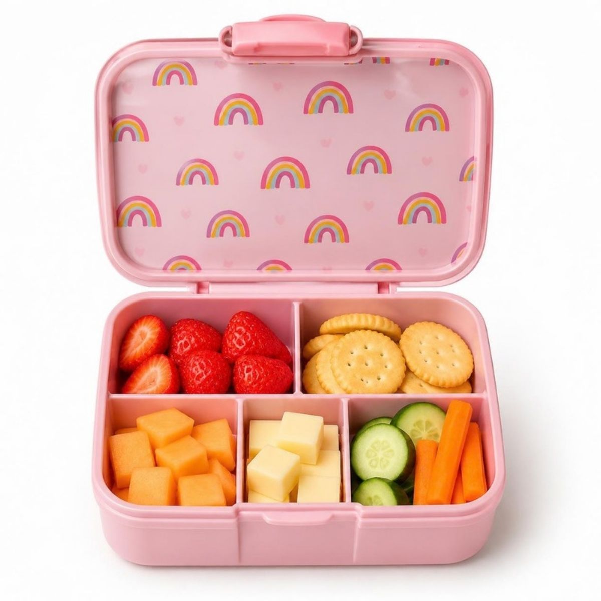 Pink bento lunch box with a rainbow print lid, open to show five food sections