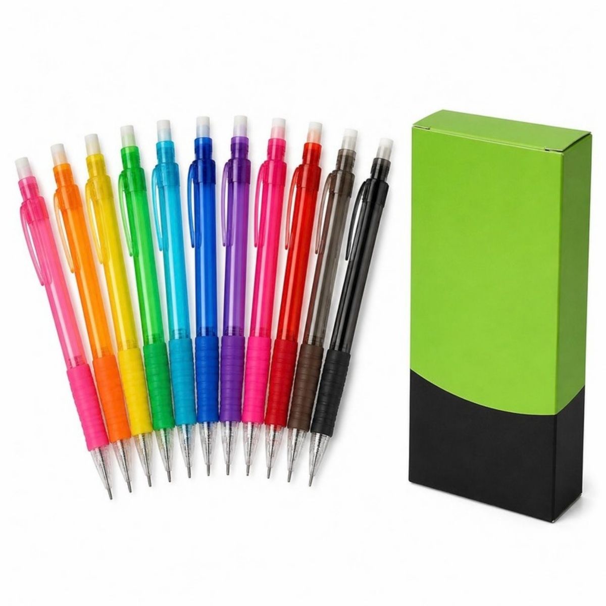 Rainbow of colorful mechanical pencils next to a green and black box