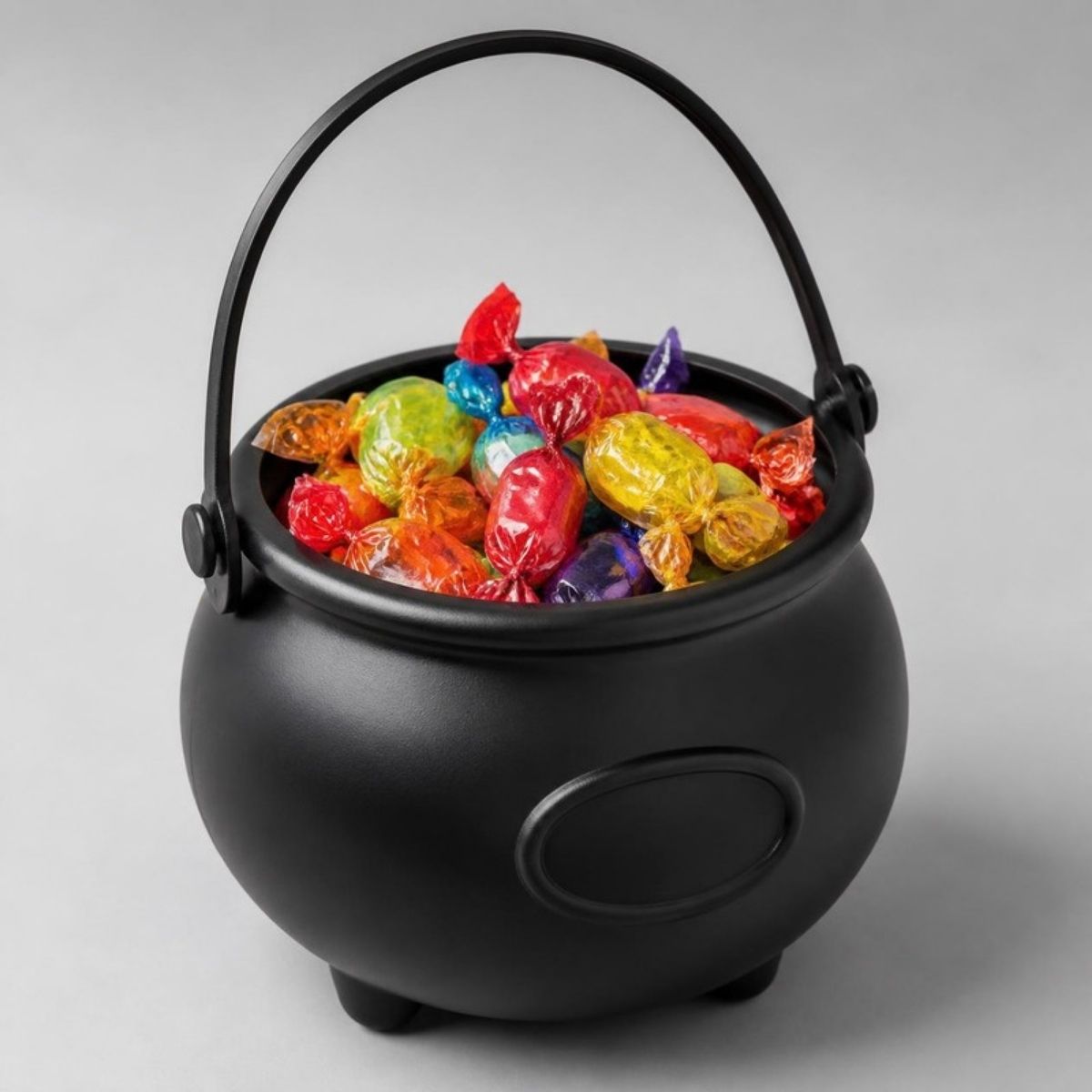 Black cauldron candy bucket filled with wrapped candy