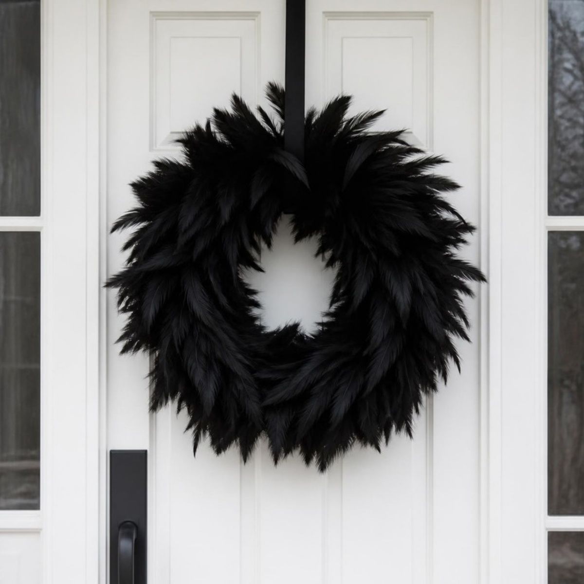 Round wreath of fluffy black feathers