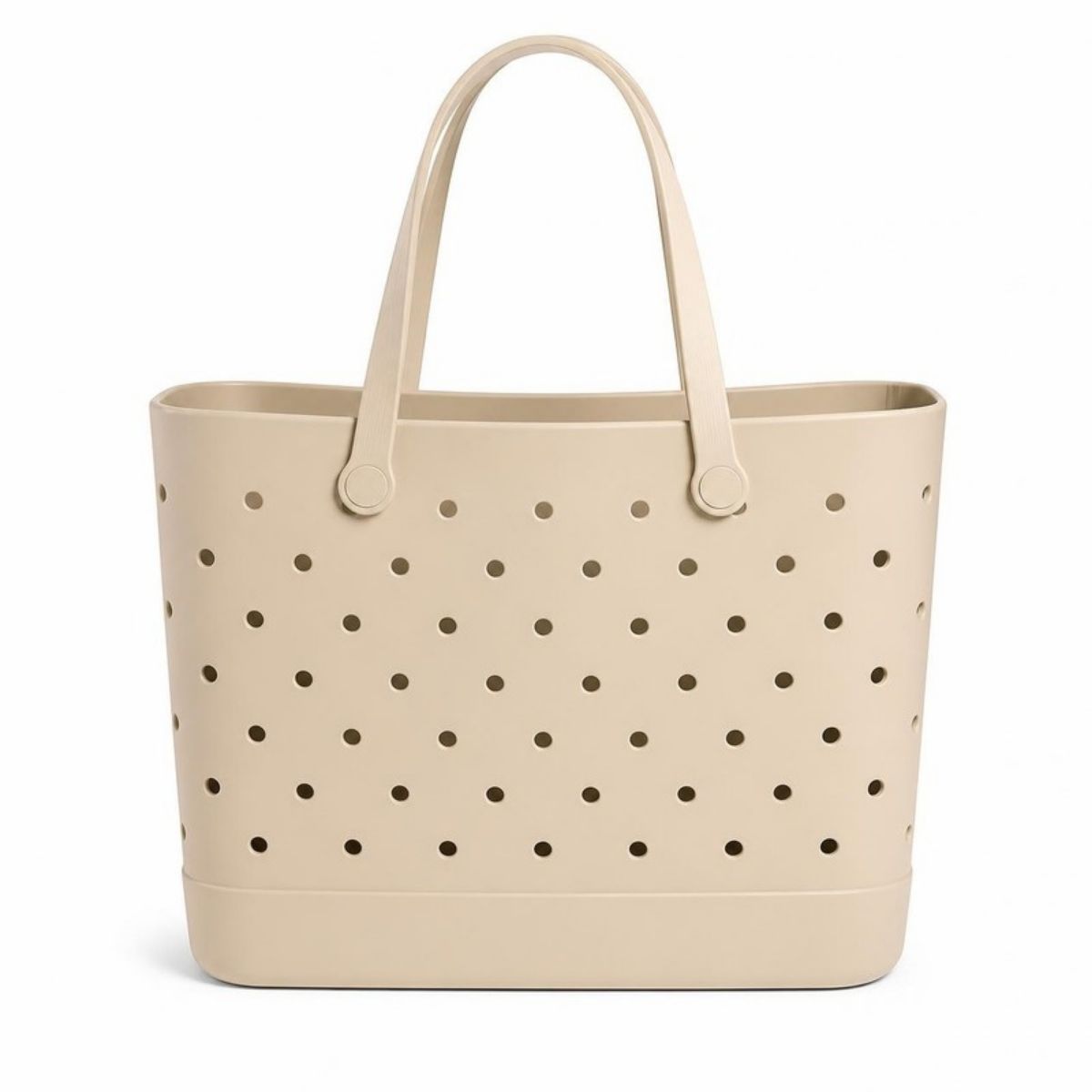 Beige rubber tote bag covered in round holes with two handles