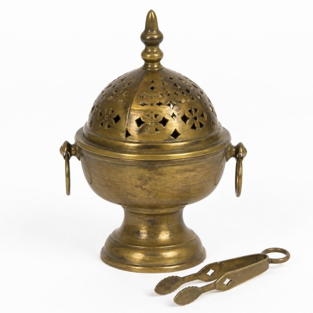Antique brass incense burner with a lid and tongs