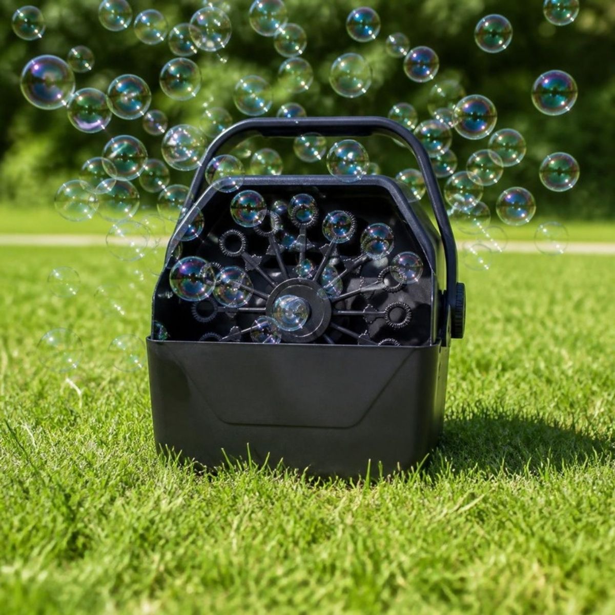 Black bubble machine on the grass blowing lots of bubbles