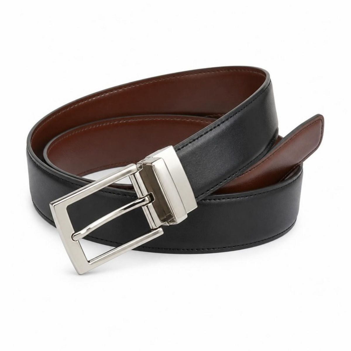 Two-sided black and brown leather belt with a silver rotating buckle