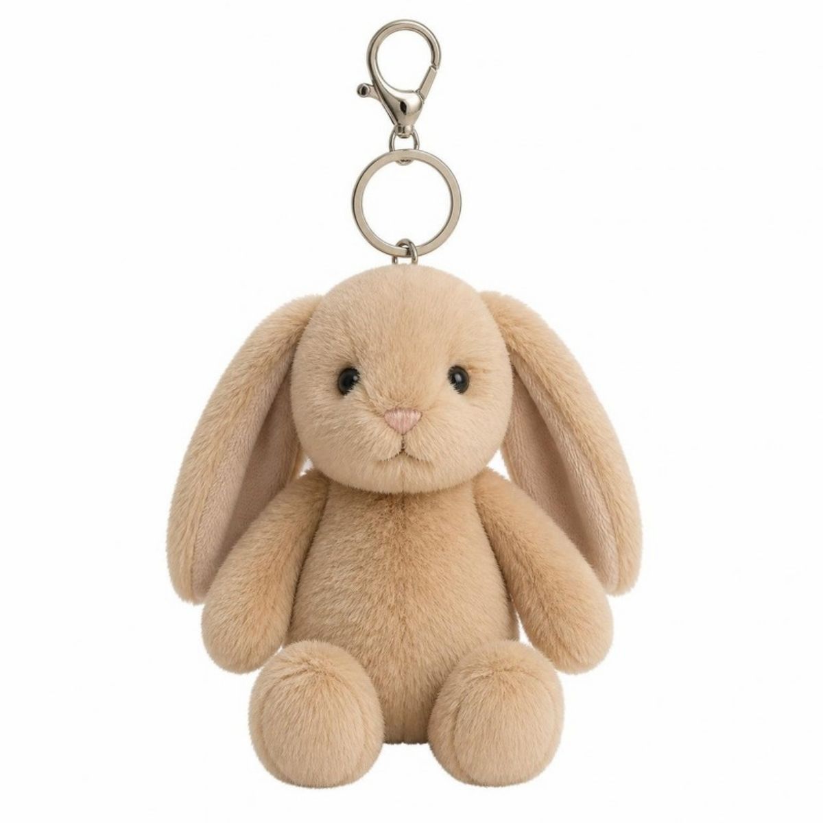 Tan plush bunny with floppy ears on a keychain clip