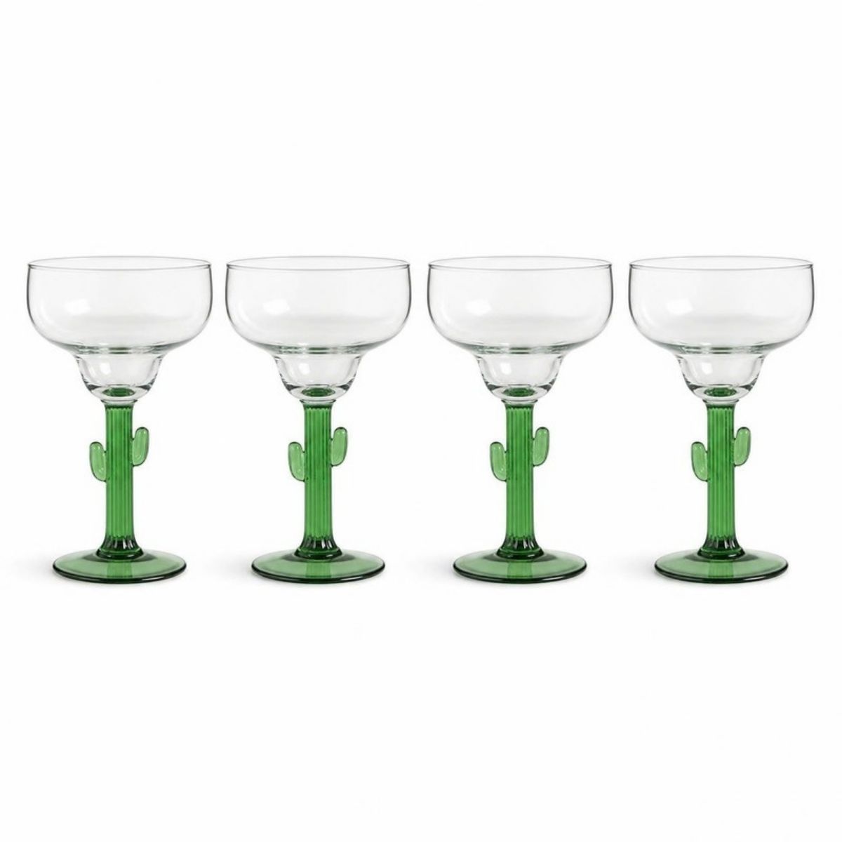 Four clear margarita glasses with green cactus stems