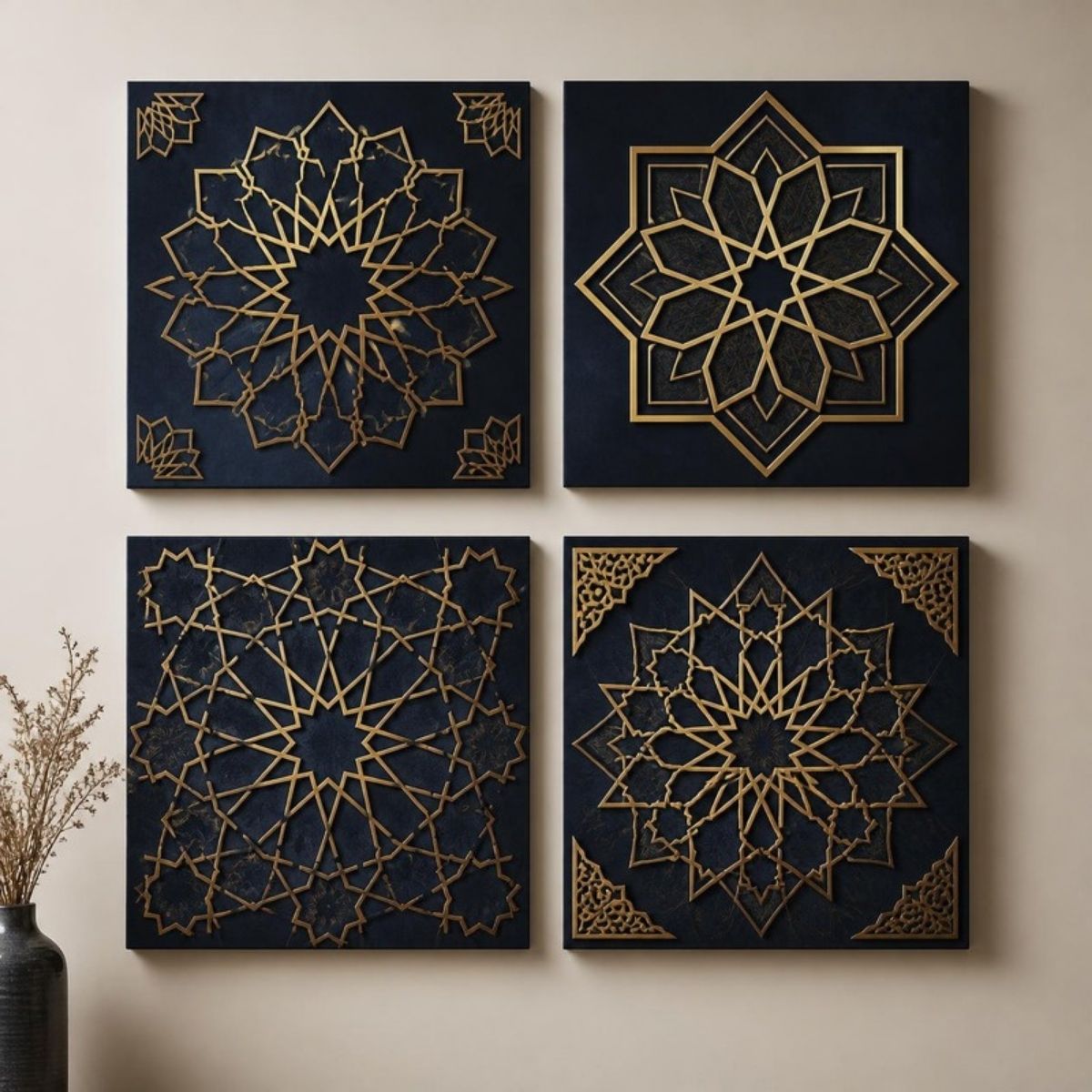 Four navy square canvases with gold geometric Islamic star patterns