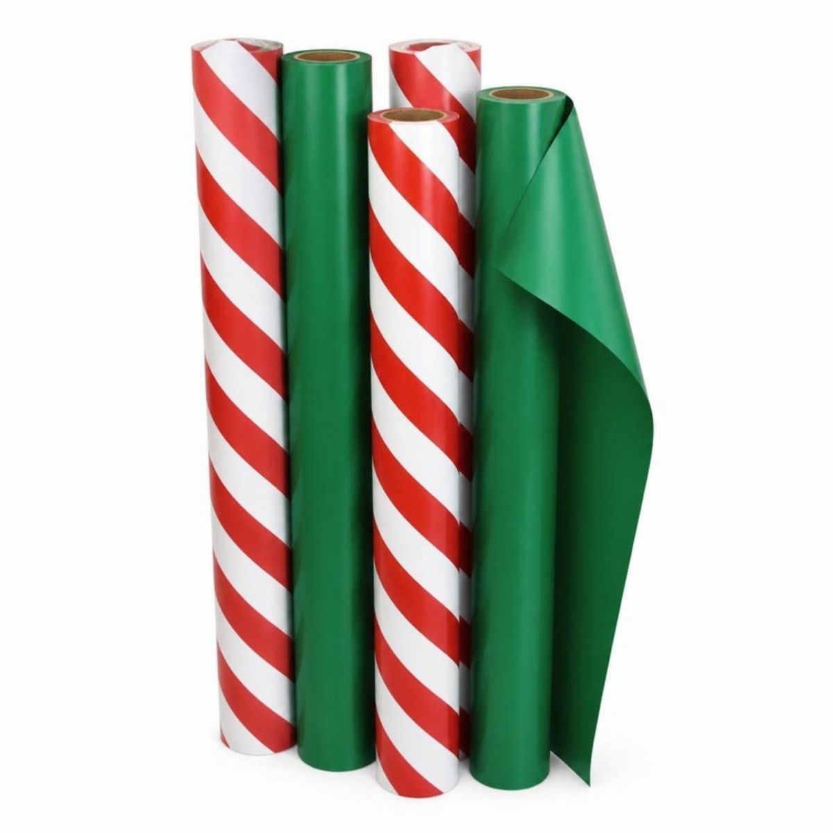 Rolls of red and white striped and green Christmas wrapping paper