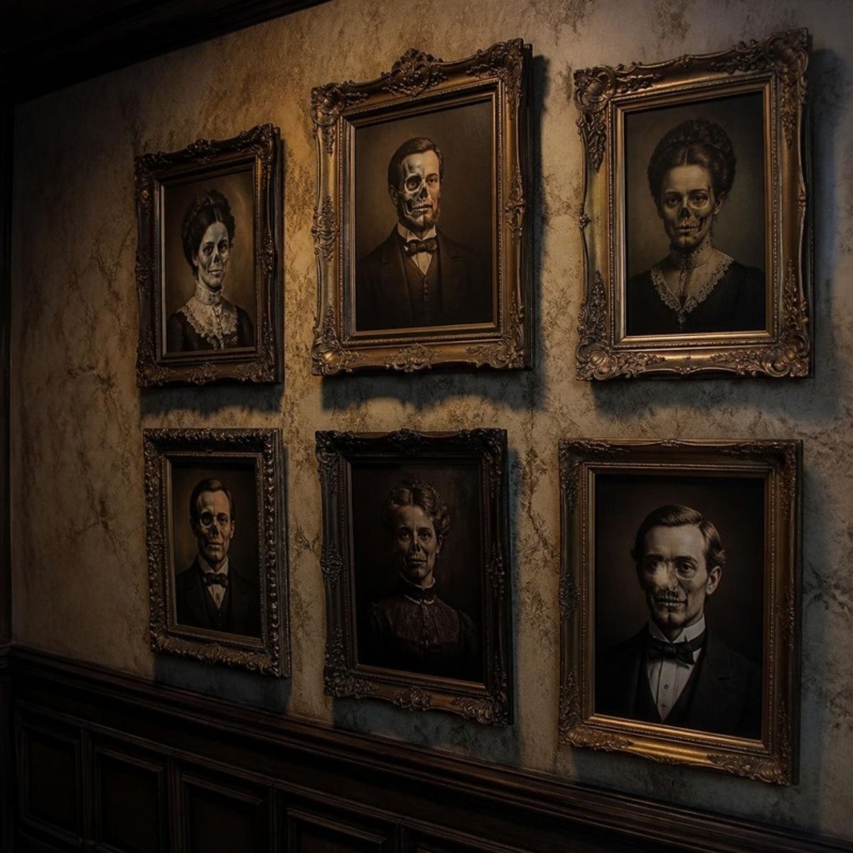Wall of framed vintage portraits with half-skeleton faces
