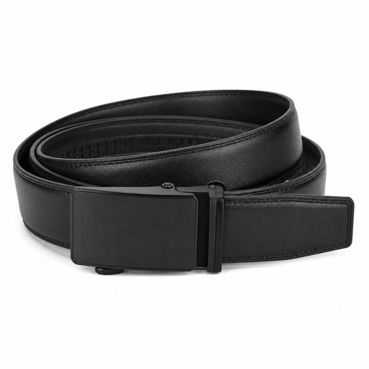 Black leather belt with a black ratchet buckle