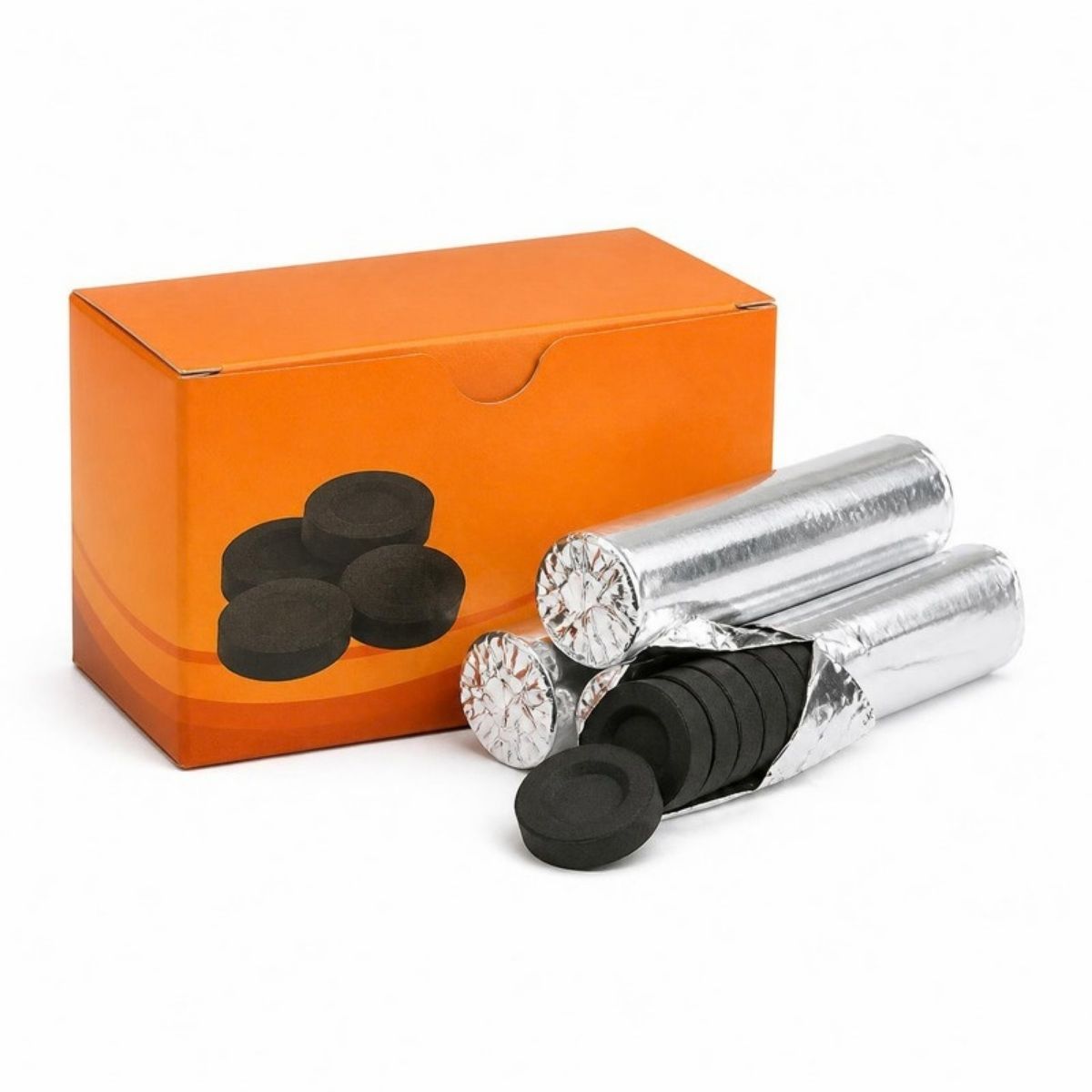 Orange box of charcoal tablet rolls
