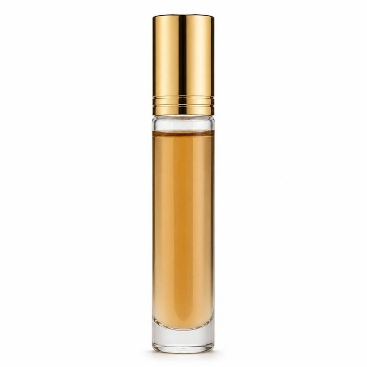 Small roll-on perfume bottle of amber oil with a gold cap