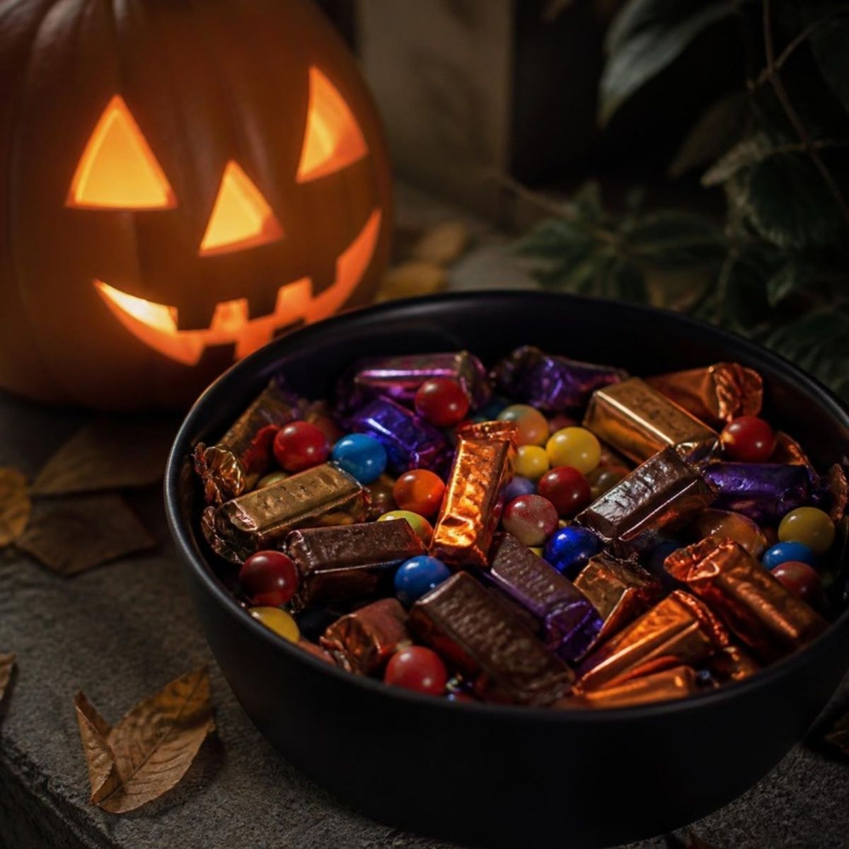 Bowl of wrapped chocolate bars and candies beside a glowing jack o' lantern