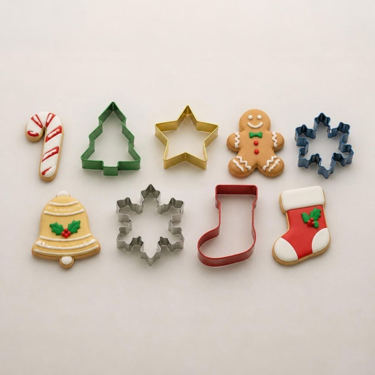 Christmas tree, star, snowflake and stocking cookie cutters with decorated cookies