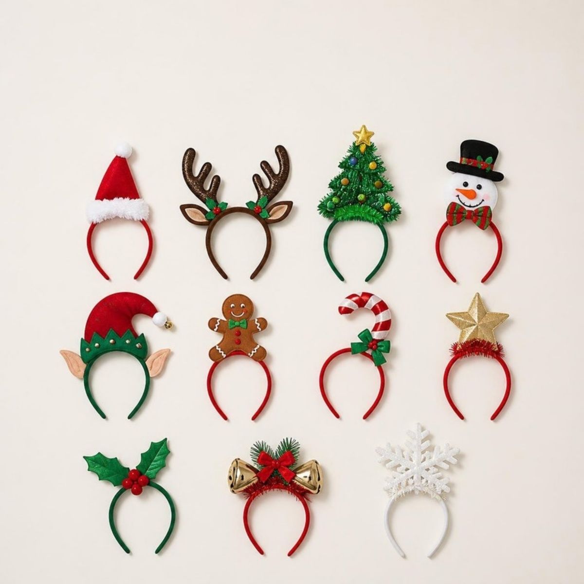 Eleven Christmas headbands topped with a Santa hat, antlers, tree, snowman, gingerbread man and more