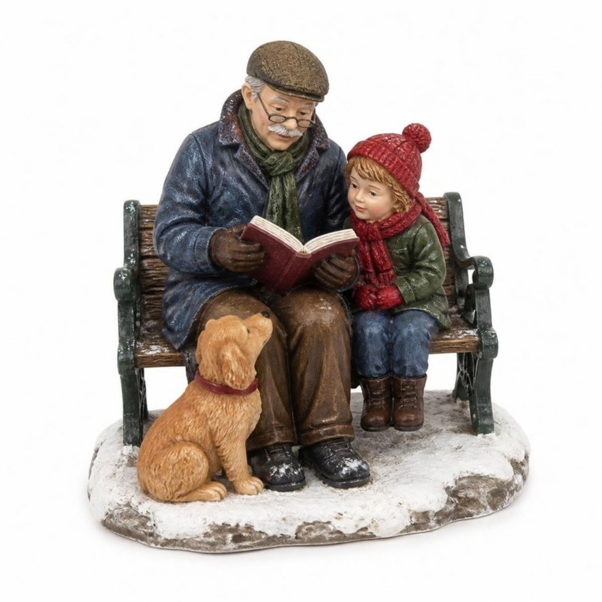 Small village figurine of a grandpa reading to a child on a park bench with a dog