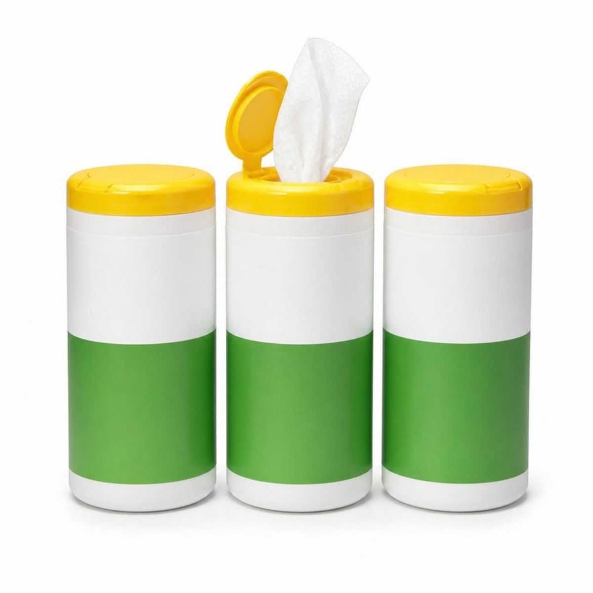 Three canisters of cleaning wipes with yellow lids
