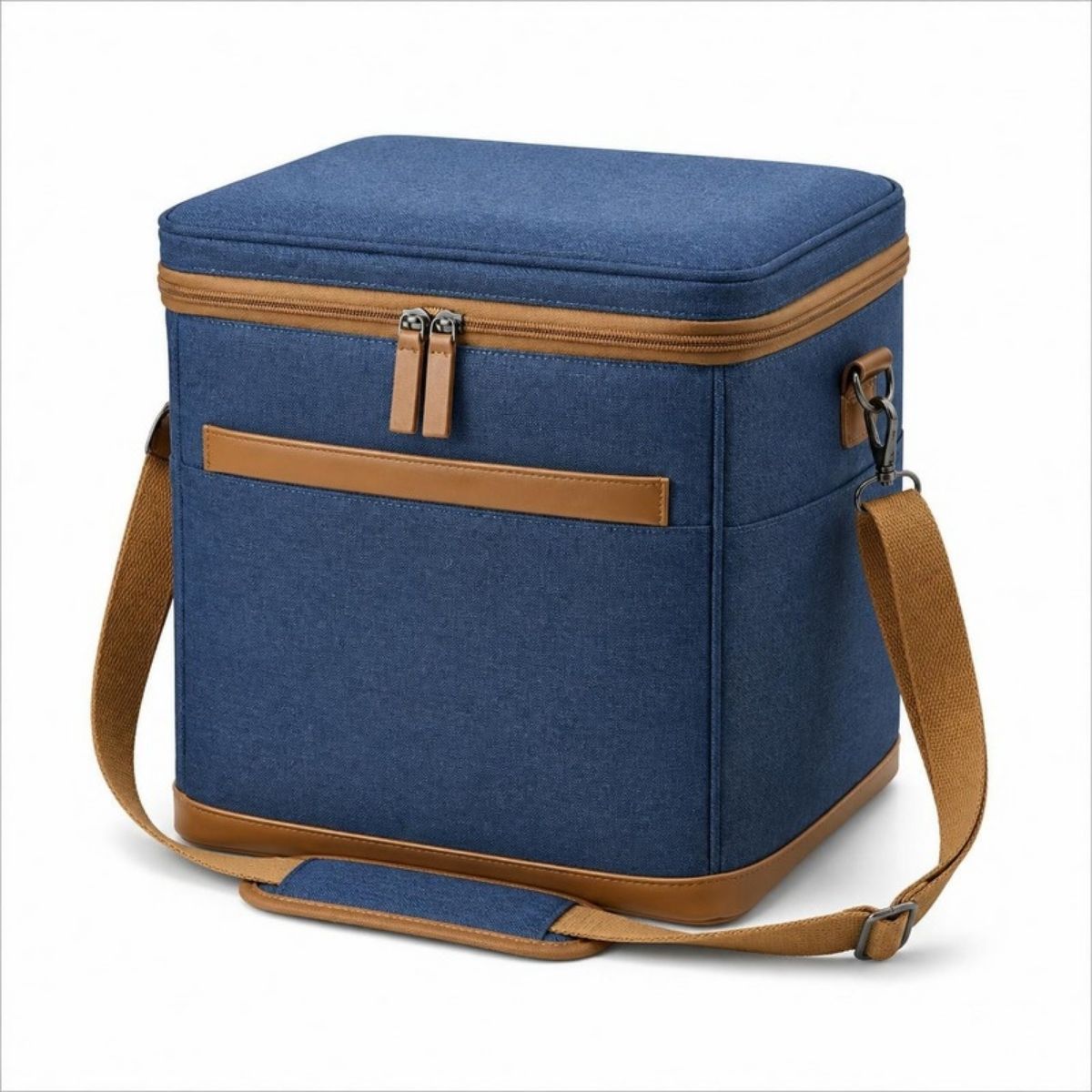Denim blue cooler bag with tan trim and a shoulder strap