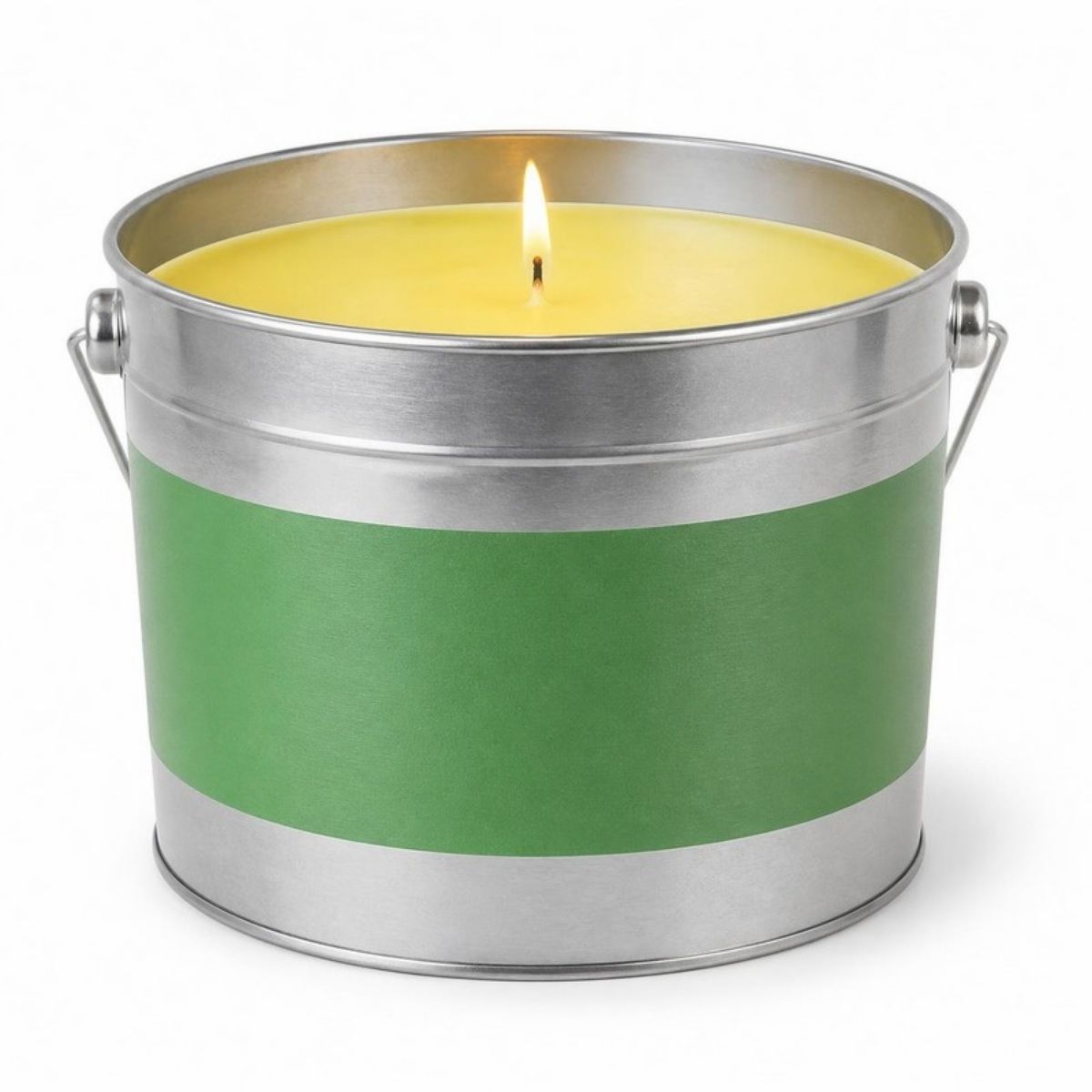 Lit yellow citronella candle in a silver tin pail with a green band
