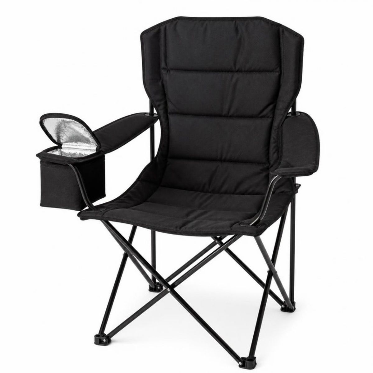Black folding camp chair with a cooler pouch in the armrest