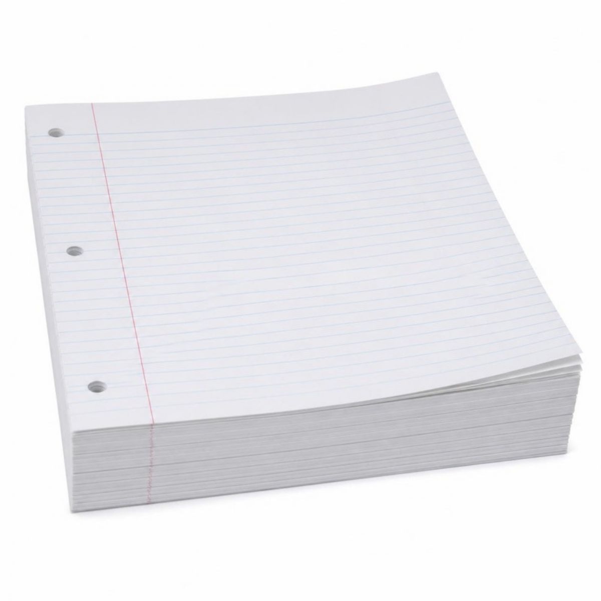 Pack of white college ruled loose leaf paper with three holes