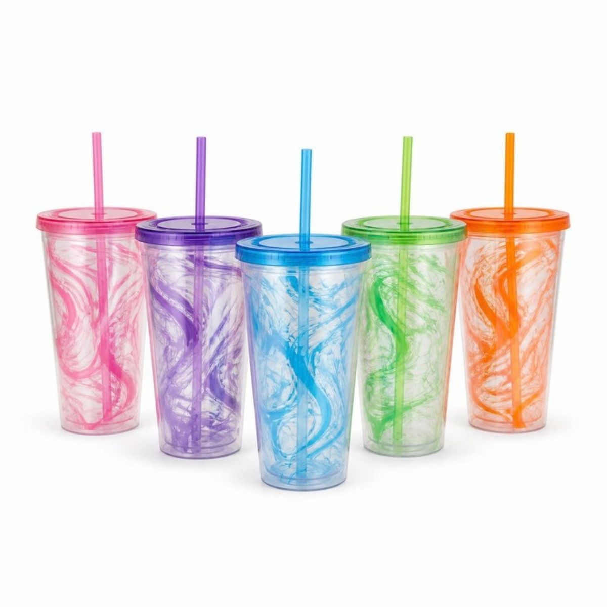 Five clear cups with pink, purple, blue, green and orange swirls, lids and straws