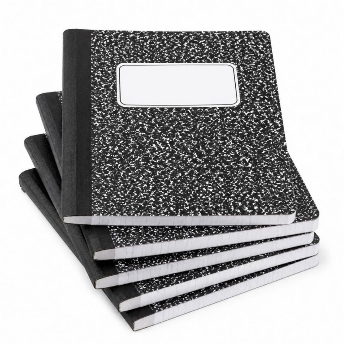 Stack of black and white marble composition notebooks