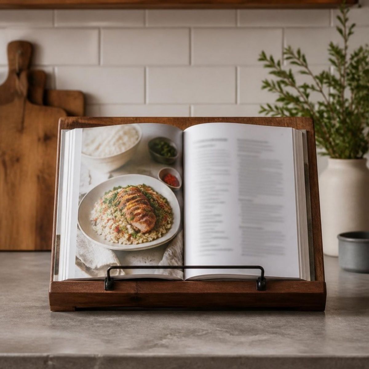 Wooden cookbook stand holding an open cookbook