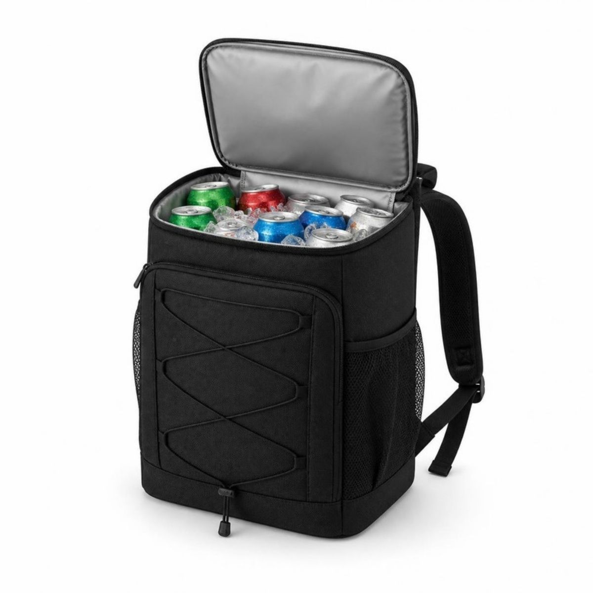 Black cooler backpack open to show drink cans on ice