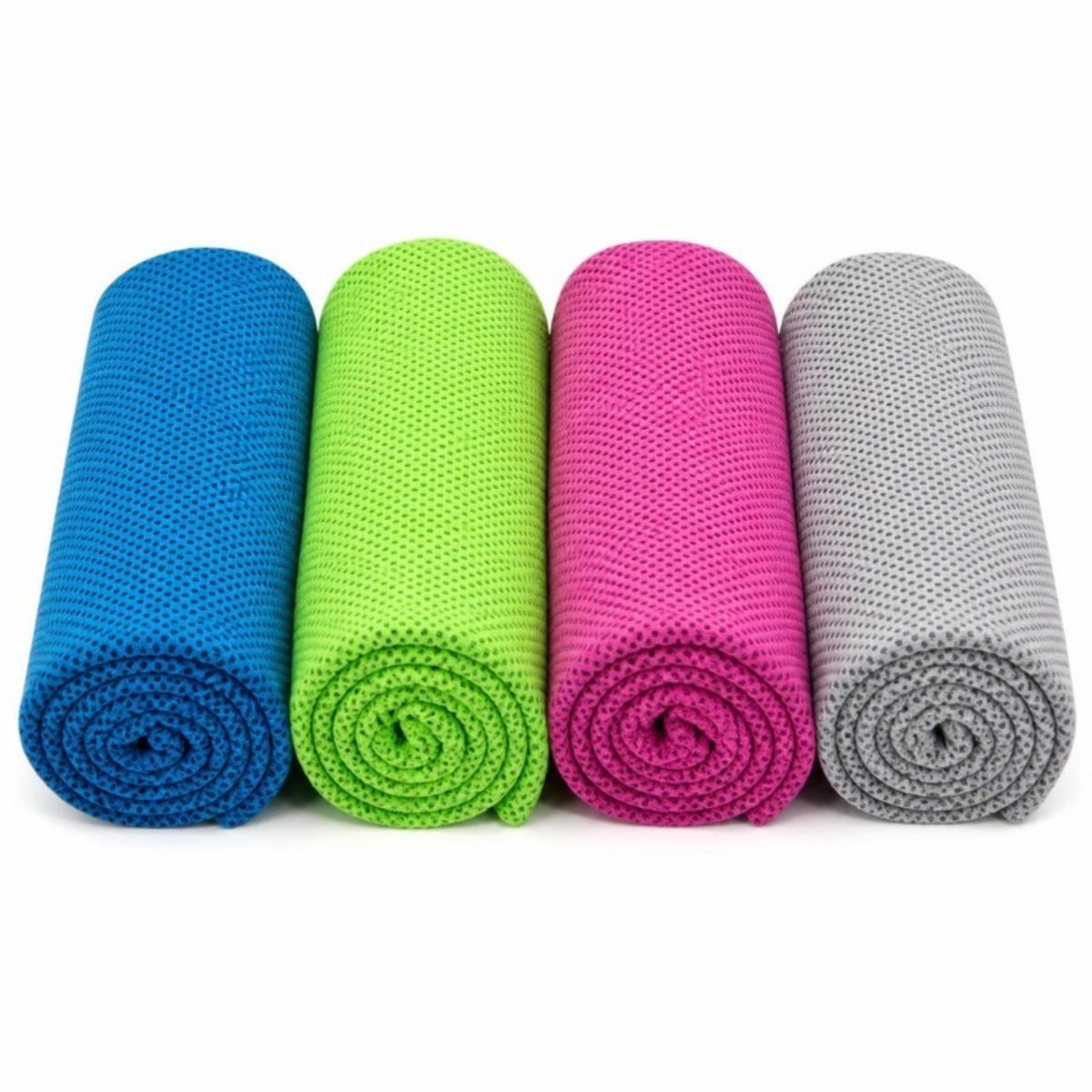 Four cooling towels in blue, green, pink and gray