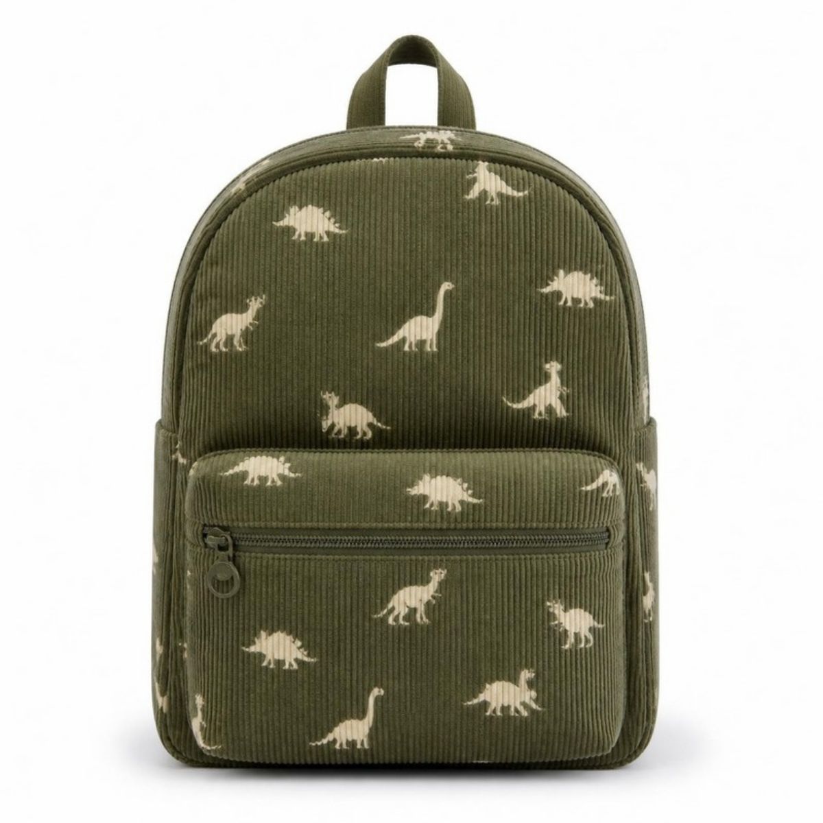 Olive green corduroy kids backpack with cream dinosaurs