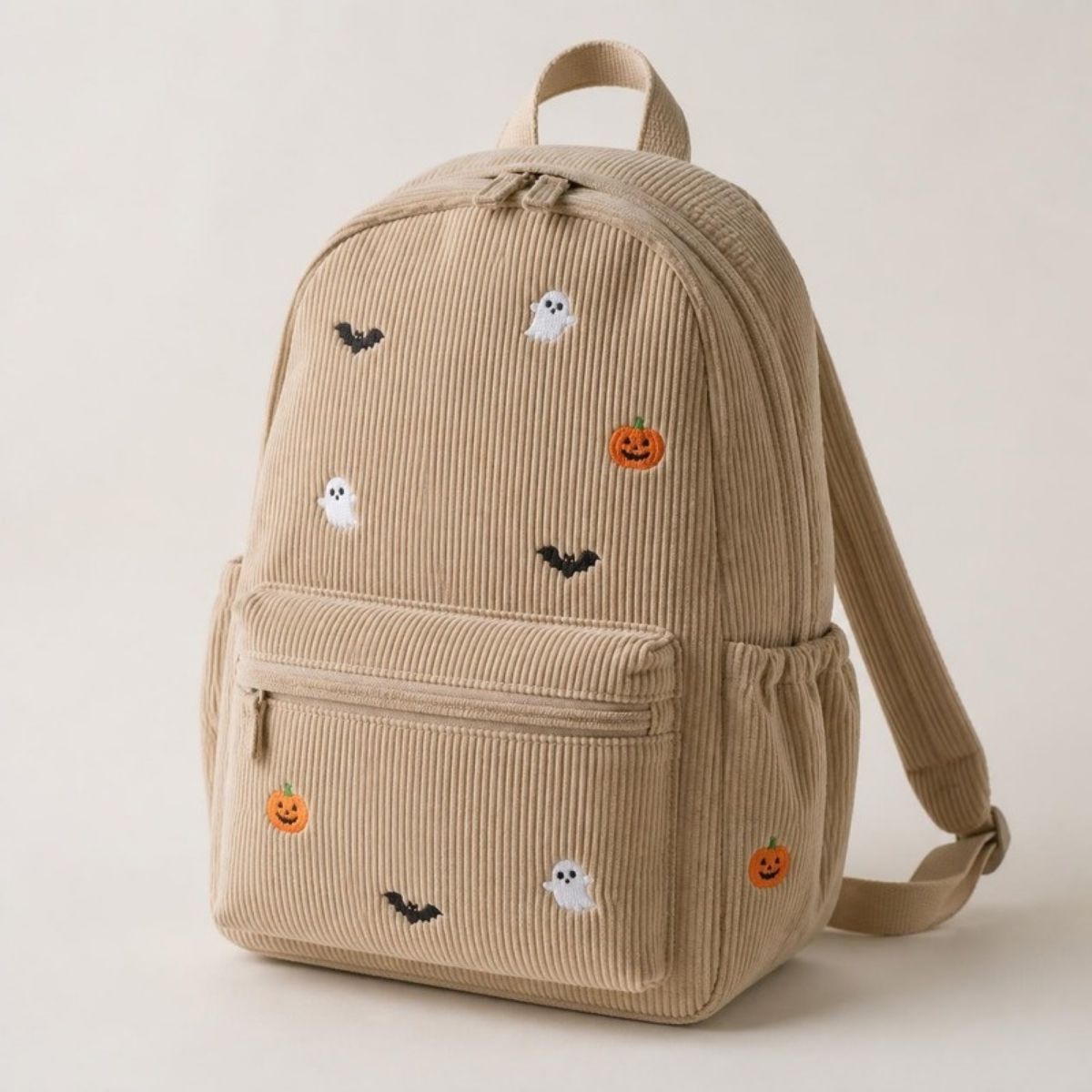 Tan corduroy backpack embroidered with ghosts, bats and pumpkins