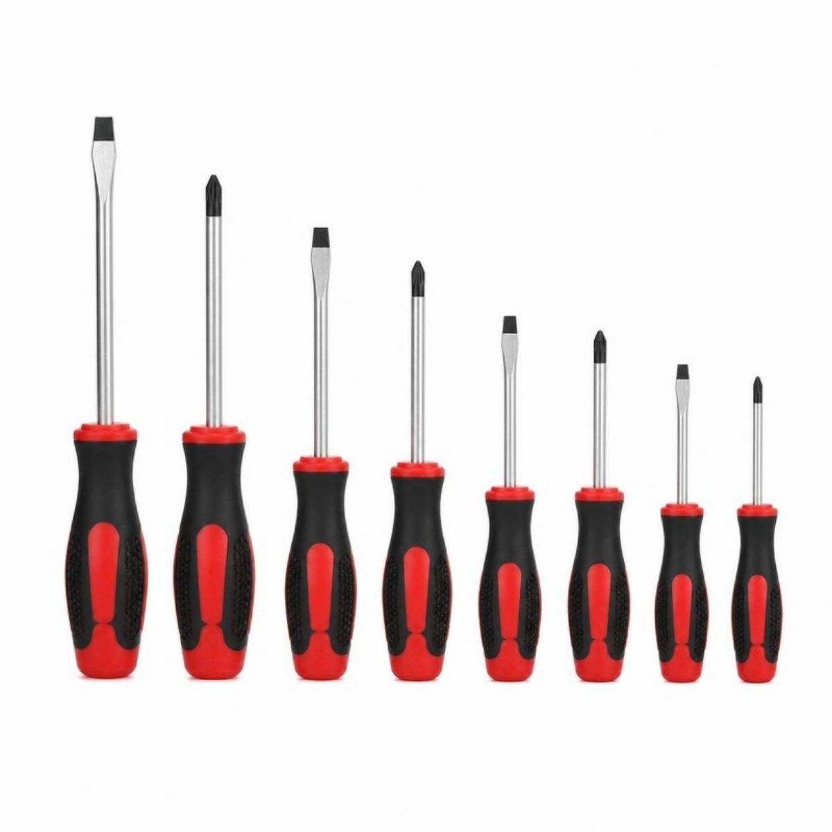 Eight screwdrivers with red and black handles